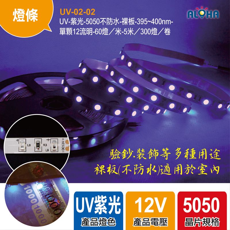 UV-紫光-5050不防水-裸板-395~400nm-單顆12流明-60燈／米-5米／300燈／卷